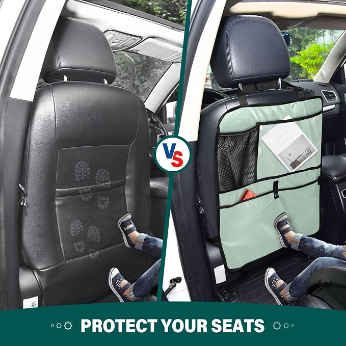Leave Green Car Seat Organizer for Kids Backseat Kick Mat with Adjustable Strap Backseat Protectors for SUV Car Vehicle 1 Pcs