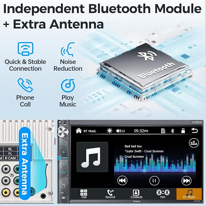 Double Din Car Stereo with Dash Cam, Wireless Apple CarPlay & Android Auto, 240W 4.2CHN, 7" Touchscreen, SWC, Bluetooth, FM/AM Car Radio, 2 Subwoofers Outputs, Backup Camera