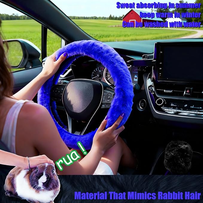 Furry Car Steering Wheel Cover, Heat Absorbing Fluffy Soft Warm Plush Non-Slip, 14 1/2-15 inch, for Women Girls, Blue