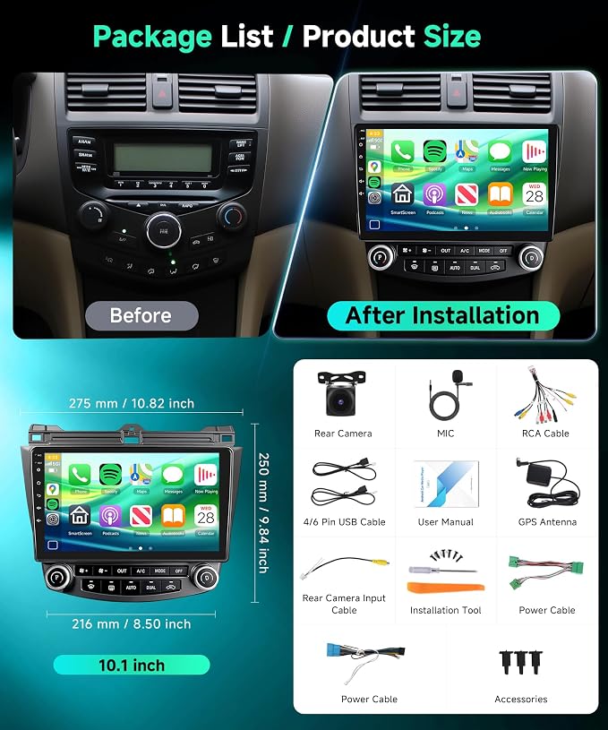 8Core 6G+128G Android 15 Car Stereo for Honda Accord 2003-2007, Car Radio Wireless Carplay Android Auto GPS WiFi 10.1'' Touchscreen DSP Bluetooth 5.0 FM/RDS SWC Backup Camera
