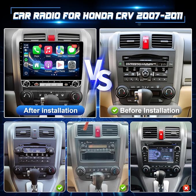 4+64G Car Radio for Honda CRV 2007-2011 Stereo with Wireless Carplay Android Auto, 10.1'' Touchscreen for Honda CRV GPS Navigation Bluetooth WiFi Rear Camera FM Mirrorlink Split Screen SWC