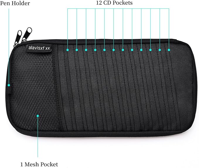 Car CD Visor Holder, 12 Sleeves Organizer with Mesh Pocket | Durable Oxford Cloth, Holds 12 CDs/DVDs, 1 Pen Holder, 1 Back Inner Pocket, Disc Storage Organizer, Fits Most Vehicle Visors
