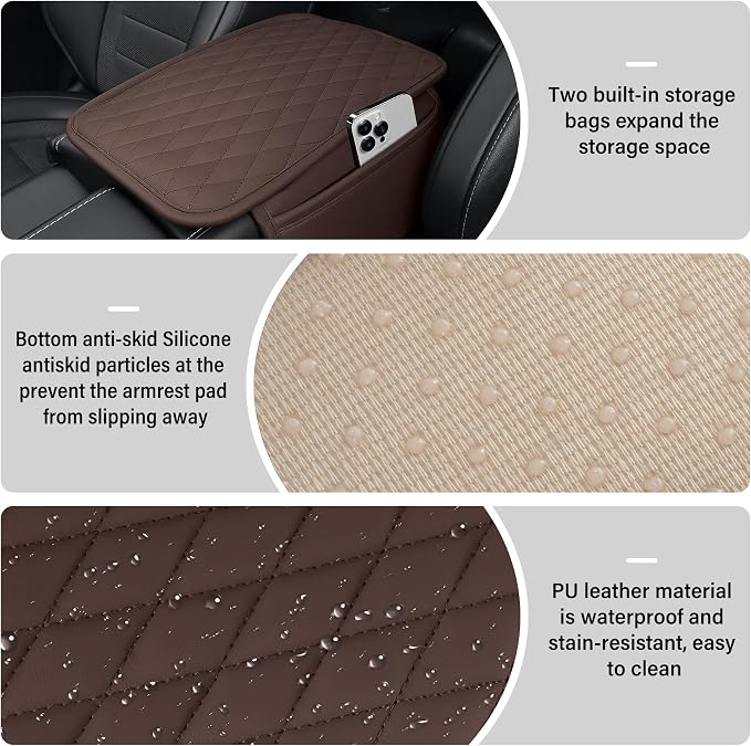 Car Center Console, Upgraded Leather Car Armrest Cushion with 2 Storage Pockets, Universal Waterproof Cushion Pad, Non-Slip Car Interior Accessories, Fits Most Sedans SUVs Trucks (Brown)