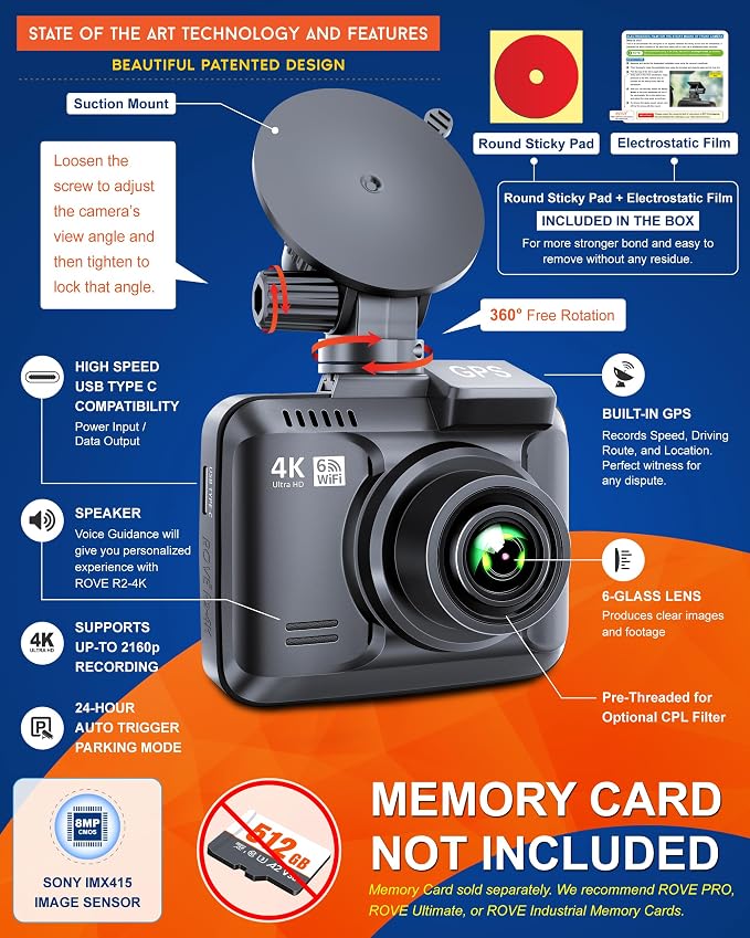 R2-4K Dash Cam, 4K UHD 2160P Car Camera with 8MP CMOS Sensor, Built-in WiFi 6 and GPS, Dash Camera For Cars with 2.4" Screen, Super Night Vision, 150" Wide Angle, Parking Mode, Supports 512GB Max