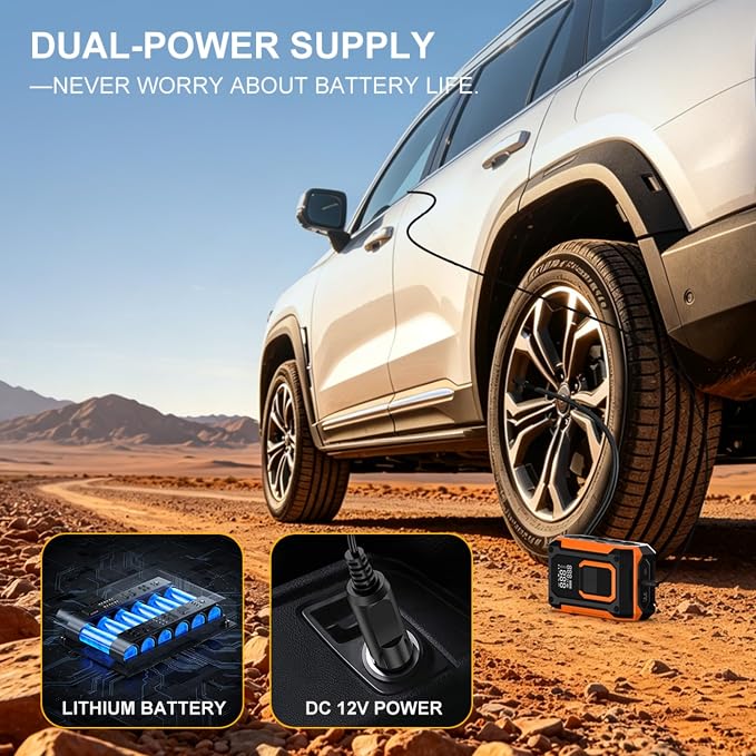 Tire Inflator Portable Air Compressor Cordless Air pump for Car Tires, 4 × Fast Inflation 35L/Min, Digital Dual Display, LED Light,Auto Shutoff for Car, Motorcycle, Bike, Pickup Truck and Ball