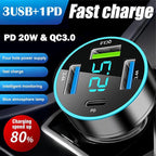 4-Port USB C Car Charger, Cigarette Lighter USB Charger Adapter with Voltmeter PD 3.0 & QC 3.0 Fast Charging for iPhone 17/16/15, Samsung Galaxy, Android Phones & Tablets