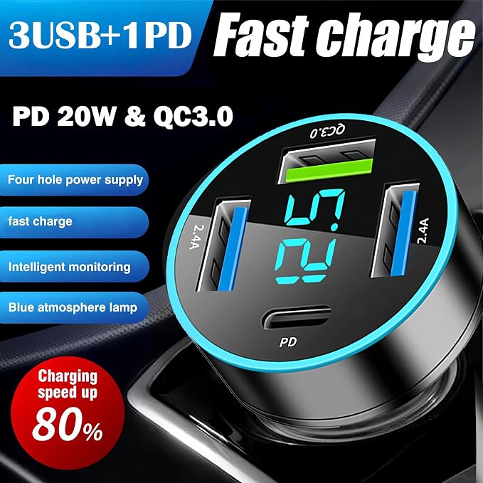 4-Port USB C Car Charger, Cigarette Lighter USB Charger Adapter with Voltmeter PD 3.0 & QC 3.0 Fast Charging for iPhone 17/16/15, Samsung Galaxy, Android Phones & Tablets