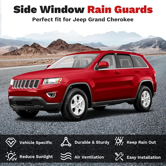 Grand Cherokee Rain Guards - Window Visors for Jeep Grand Cherokee 2011-2021, Outside-Mount Tape-On Side Window Wind Deflectors for Grand Cherokee Accessories, Vent Visors Shades Rainproof