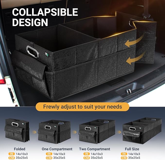 Trunk Organizer for SUV, Sturdy Car Organizer, Non-Slip Bottom, Folded Storage Organizer for Sedan, Van, Jeep, Grocery, Car Accessories, Large 3 Compartments, Art Black,32"×13"×10.6"