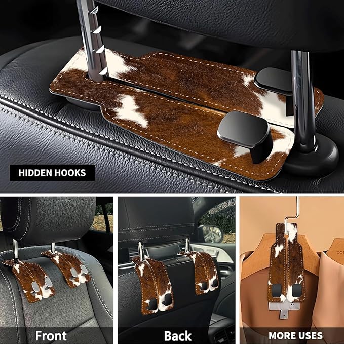Car Seat Headrest Hook, Universal Leather Cute Hanger Holder Hook, Storage Organizer Interior Accessories for Purse Bags Handbag Funny Brown Cowhide