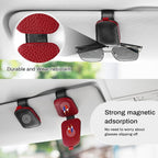 Sunglasses Holder for Car, Leather Magnetic Buckle Sun Visor Sunglass Clip, Ticket Card Storage Glasses Clip, Car Interior Accessories for Men and Women（2PCS Black-red）