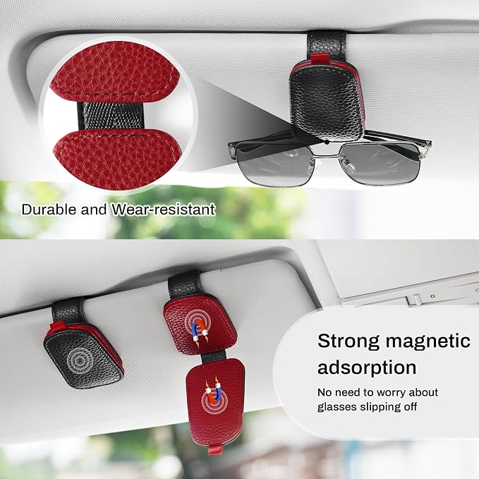 Sunglasses Holder for Car, Leather Magnetic Buckle Sun Visor Sunglass Clip, Ticket Card Storage Glasses Clip, Car Interior Accessories for Men and Women（2PCS Black-red）