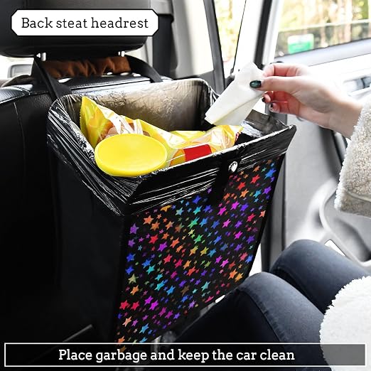 Car Trash Can Organizer Bin with Adjustable Strap for Back Front Seat Console Waterproof Leakproof Collapsible Portable 11 Inch Vibrant Rainbow Stars