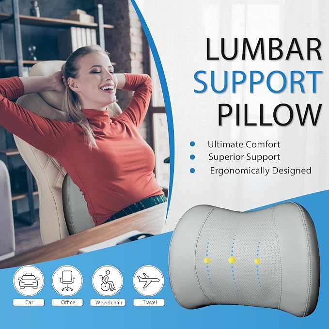 Lumbar Support Pillow for Car, Car Seat Back Support for Driving | Memory Foam Car Lumbar Support for Driving Seat, Car Back Cushion, Adjustable Straps, Lower Back Pillow, PU Leather, Gray