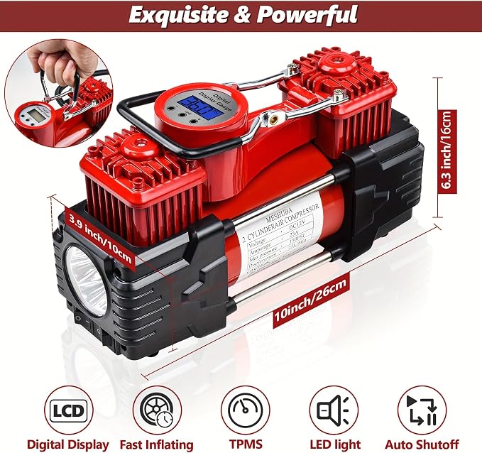 Dual Cylinder Tire Inflator Air Compressor, 150 PSI 12V DC Portable Air Pump with Digital Display, LED Flashlight, Auto Shut-Off, Heavy Duty for Truck, SUV, Car, RV (RED)