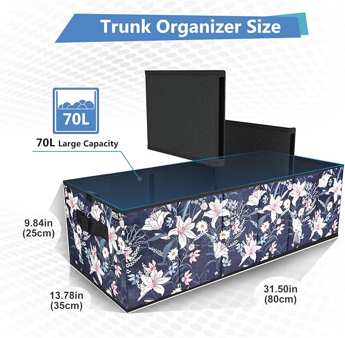 Trunk Organizer for Car, Car Organizer, Sturdy Trunk Organizer for SUV, Non-Slip Bottom, Storage Organizer for Sedans, Van, Jeep, Grocery, Large 3 Compartments, Floral 32"×13"×10.6"