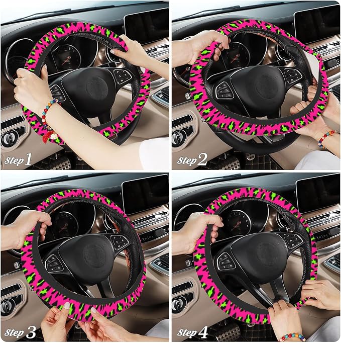 Pink Leopard Steering Wheel Cover,Pink Cheetah Leopard Universal 15" Elastic Car Steering Wheel Cover with 2 PCS Car Coasters,Anti-Slip Breathable Accessories for Auto,SUVs,Truck