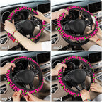Pink Leopard Steering Wheel Cover,Pink Cheetah Leopard Universal 15" Elastic Car Steering Wheel Cover with 2 PCS Car Coasters,Anti-Slip Breathable Accessories for Auto,SUVs,Truck