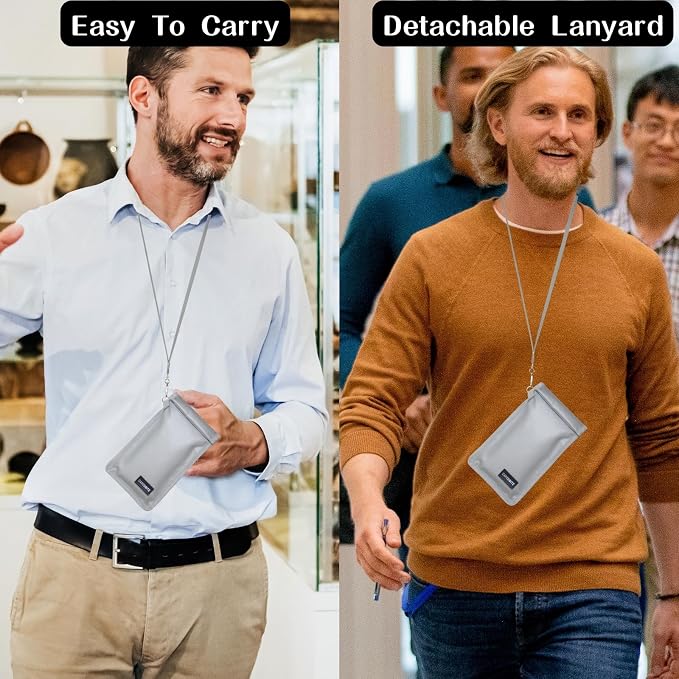 Faraday Bags for Phone - Farady Pouch Key Fob Protector w/Lanyard, RFID Signal Blocker for Car Keys Anti-Theft, Cell Phone Signal Blocking Bag Anti-Hacking, Fire-Resistant, 2 Pack, Silver