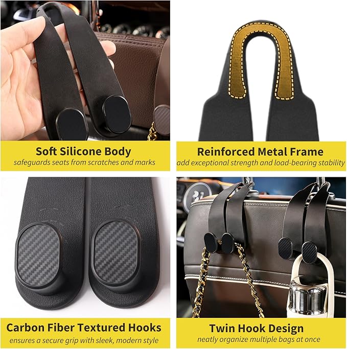 Purse Hook for Car Headrest, Silicone Car Seat Back Storage Hook, Twin Hooks Carbon Fiber Textured Car Headrest Hangers, Bag Holder for Sedan, Trucks, SUVs, Most Vehicles (Black-2PCS)