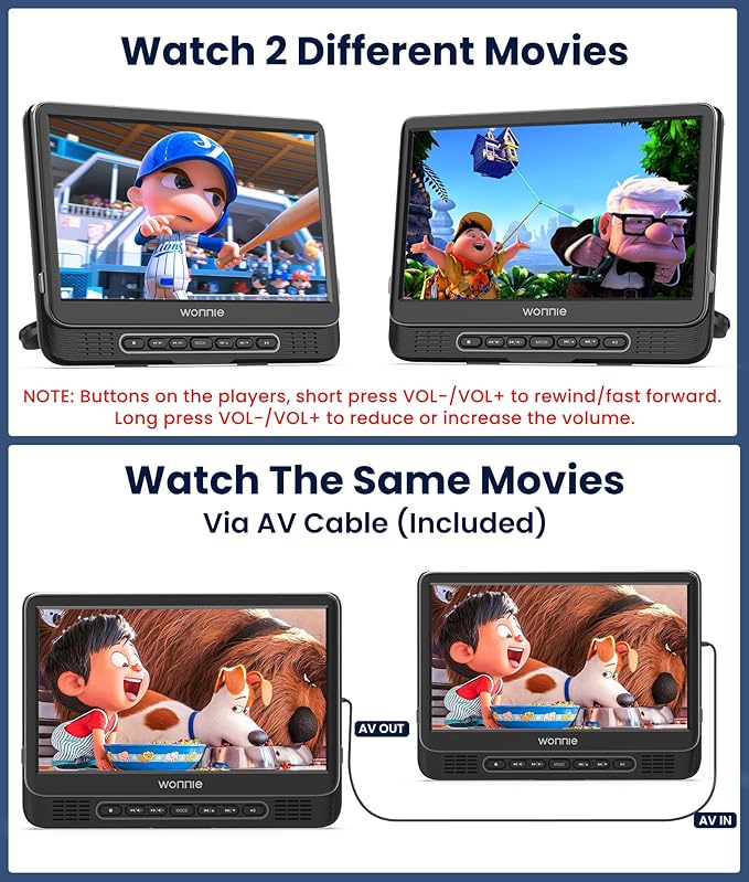 12" Dual Car DVD Players Portable DVD Players for Car Headrest Play a Same or Two Different Movies with 5-Hour Rechargeable Battery, Mounting Brackets, All Region, Support USB/Sync TV