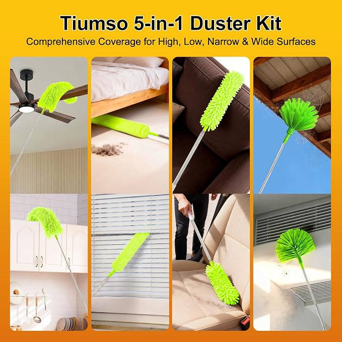 Duster with Extension Pole 100 inch Extendable Reusable Dusters for Cleaning 5-in-1 Anti-Spin Dusting Kits for High Ceiling Fans, Cobwebs & Vents, Reinforced Stainless Steel Telescopic Handle