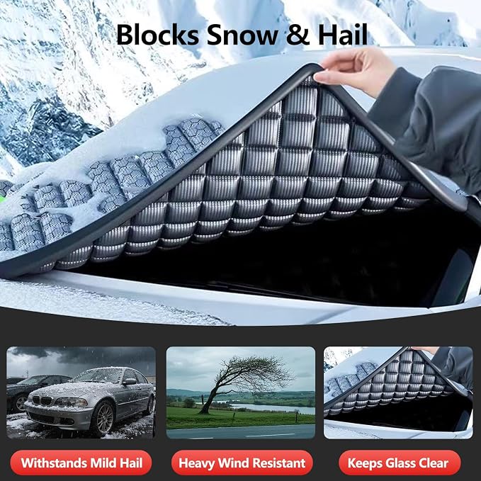 Exterior Windshield Cover for Ice and Snow, Graphene Grid Heavy-Duty Windshield Sun Shade, Car Snow Shield with Mirror Covers, Wiper Area Coverage for Cars, SUVs and Trucks, X-Large