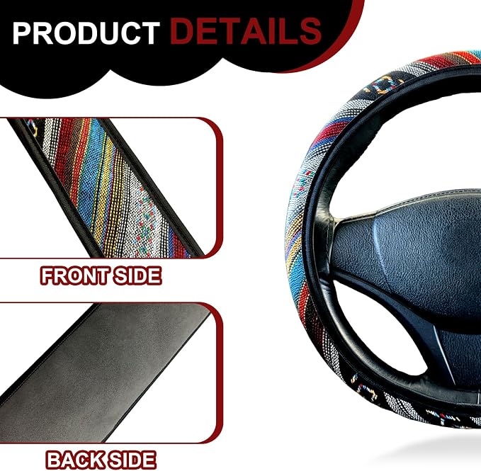 Boho Flax Cloth Steering Wheel Cover, Hippie Baja Blanket Anti-Slip Breathable Protector, Universal Fit 14.5-15 Inch for Cars SUV Van Truck, Women Car Interior Accessories (Style A)