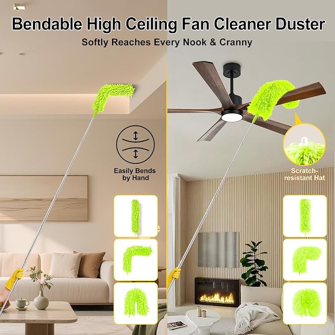 Duster with Extension Pole 100 inch Extendable Reusable Dusters for Cleaning 5-in-1 Anti-Spin Dusting Kits for High Ceiling Fans, Cobwebs & Vents, Reinforced Stainless Steel Telescopic Handle