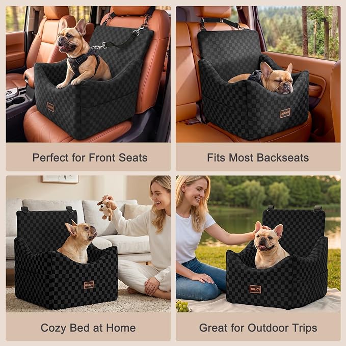 Elevated Dog Car Seat for Small/Medium Dogs up to 35 lbs, Memory Foam Booster Seat with Detachable Washable Cover, Travel-Safe Car Bed with Safety Belts & Storage Pockets, Black