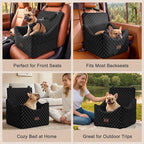 Elevated Dog Car Seat for Small/Medium Dogs up to 35 lbs, Memory Foam Booster Seat with Detachable Washable Cover, Travel-Safe Car Bed with Safety Belts & Storage Pockets, Black