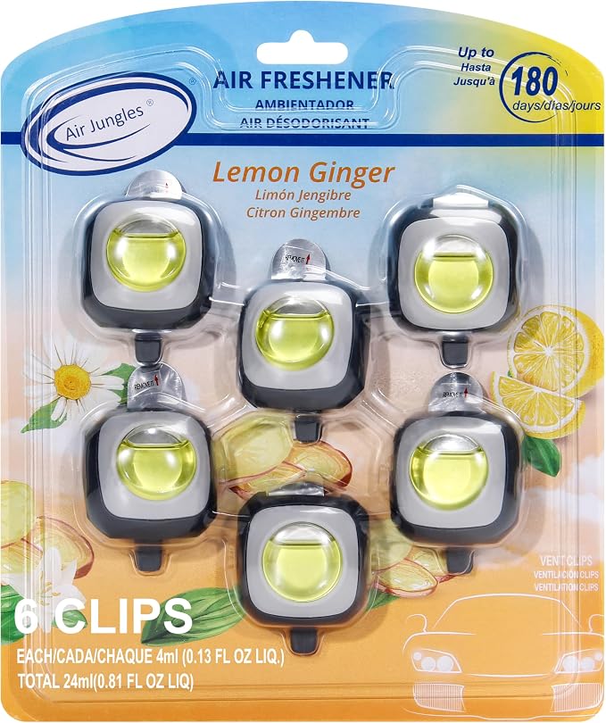 Lemon Ginger Scent Car Air Freshener Vent Clip 6 Ct | Long Lasting Up To 180 Days Car Refresher, Auto Interior Odor Eliminator Fragrance Oil Perfume Accessory, 4ml Each