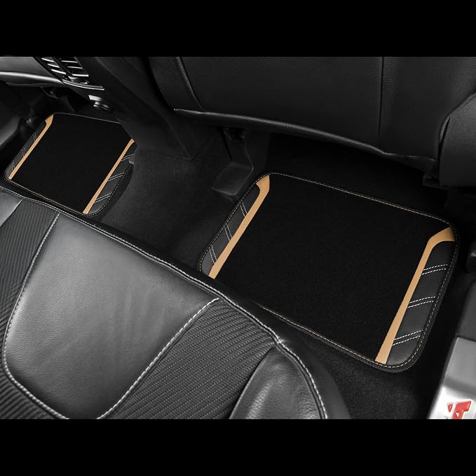 Microfiber Steering Wheel Cover and Waterproof Car Floor Mats,Leather Universal Car Combo Fit for 95% Truck,SUV,Cars,14.5-15inch Sporty Anti-Slip Safety Comfortable Design(Black and Beige)