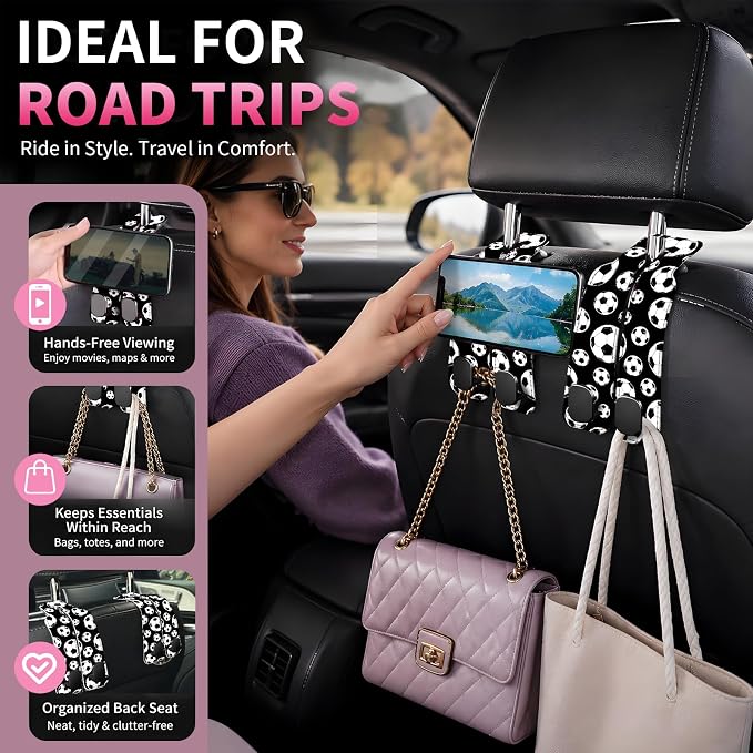 Car Seat Back Storage Hook, Funny Car Purse Hook, Cute Vehicle Storage Organizer for Purses Handbags Soccer Ball Pattern