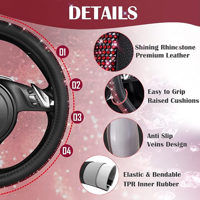 Red Diamond Black Leather Steering Wheel Cover, with Bling Crystal Rhinestones Universal Fit 14" 1/2-15" Crystal Glitter for Women Sparkle Girl Fit Suvs,Vans,Sedans,Cars,Trucks, Red Diamond