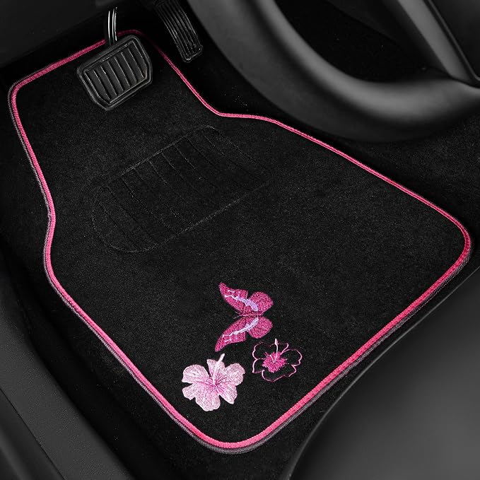 Embroidery Butterfly Steering Wheel Cover and Waterproof Car Floor Mats,Pink Car Mats 14.5-15inch Steering Wheel Covers Universal Fit for Cars, Suvs,Sedans,Van,for Women Girl(Black and Pink)