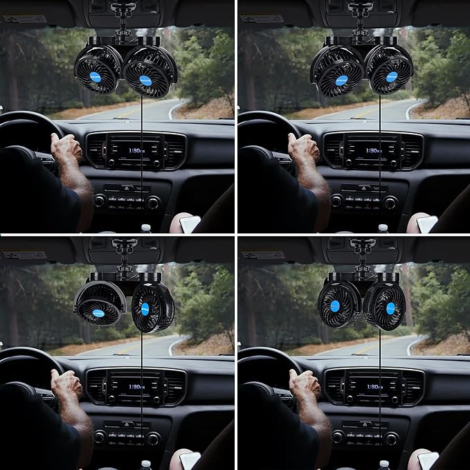 12V Car Clip Fans, Adjustable Dual Head Clip Fan 360° Rotatable Cooling Air Fan, 4'' Electric Auto Car Fans with Cigarette Lighter Plug for Vehicles, RV, SUV