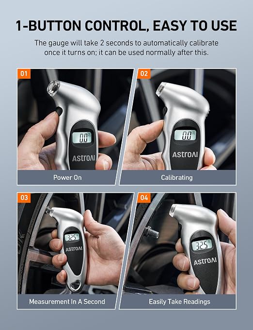 Digital Tire Pressure Gauge 0-150PSI, Accurate in 0.1 Increments, Tire Gauge with Backlit LCD and Presta Valve Adaptor, 4 Units of Measurement for Car Truck Bicycle, Silver 1Pack