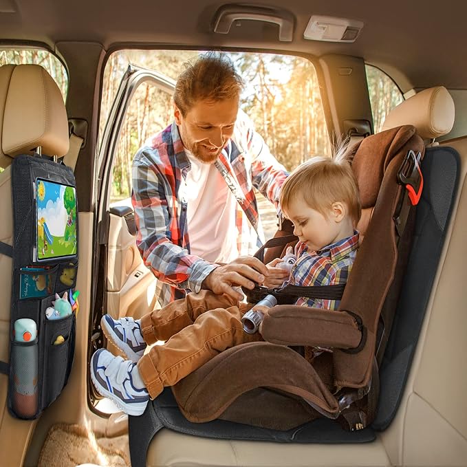 2-in-1 Car Seat Protector & Kick Mat with iPad Holder - Kids Backseat Organizer with Touchscreen Pocket, Storage Pockets & Waterproof Cover for Child Safety and Mess-Free Rides