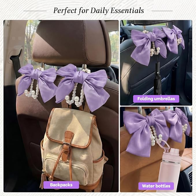 2PCS Satin Bow Pearl Car Seat Headrest Hooks – Car Bag Holder & Vehicle Hanger for Purses – Cute Coquette Aesthetic Interior Decoration – Cute Auto Organizer Accessories Universal (Lavender Purple)