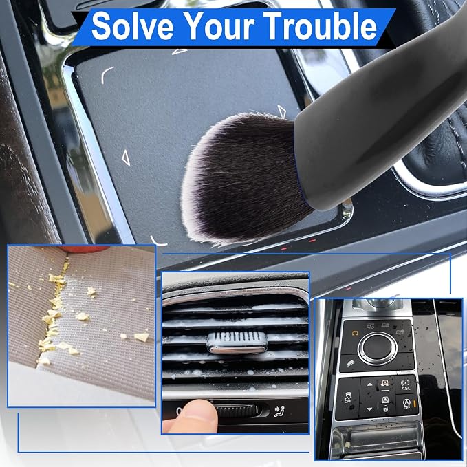 2PCS Double Head Brush for Car Clean, Car Accessories Universal 2 in 1 Car Detailing Brush, Double Ended Portable Dust Brush with 4 Cleaning Cloth, for Air Conditioner Outlets, Dashboard Screen