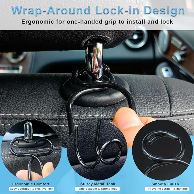 Car Hook for Purses and Bags 4 Pack Headrest Hangers (4 * Small Size) | Hard Hat Hanging Holder for Truck Car Backseat Storage Stuff for Women Automotive Necessities Accessories New Driver Gifts