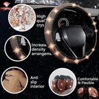 27 PCs Gold Champagne Bling Car Accessories Set for Women, Steering Wheel Covers Universal Fit 15 Inch, Bling License Plate Frame, Bling Phone Holder, Bling Car Coasters