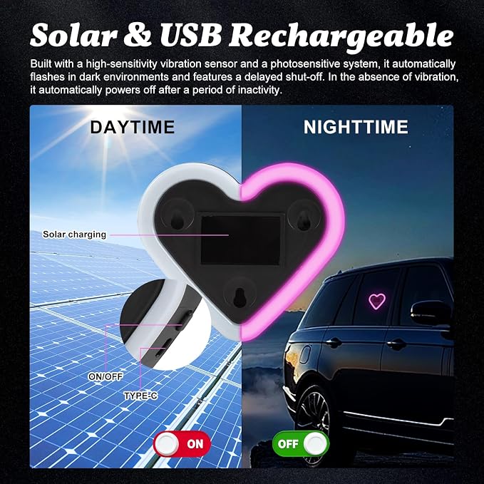 Upgrade Car Light LED Ambient Lights Heart Solar Lights Solar-Powered Heart-Shaped Neon Lights for Car Window Decorative 5 Modes Interior Outdoor Decor (Pink)