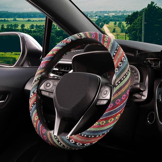 Boho Steering Wheel Cover with Baja Blanket Cloth, Ethnic Style Auto Wheel Cover Made of Coarse Flax, Fits 14 1/2-15 1/4 inches Car Wheel