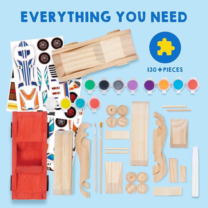 4 DIY Wooden Race Cars-Build & Paint Your Own Wood Craft Kit, 4 Race Cars Toy, Easy to Assemble Arts Crafts Kit, Birthday Party Presents for Kids Boys and Girls