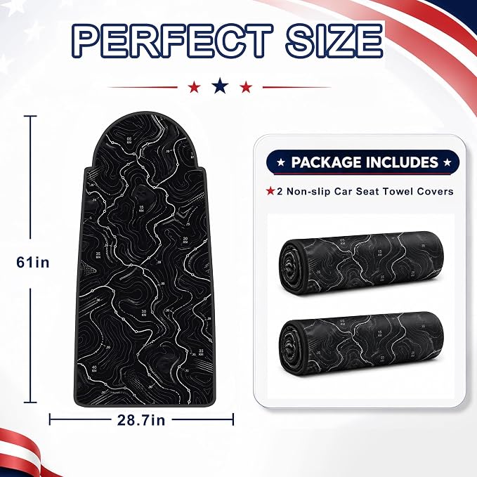 Car Seat Towel Cover 2 Pack for Front Seats, Sweat Absorbent Car Seat Protector with Non-Slip Backing, Waterproof Towel Car Seat Covers for Runners, Gym, Swimming, Beach, Pets, Trail Map