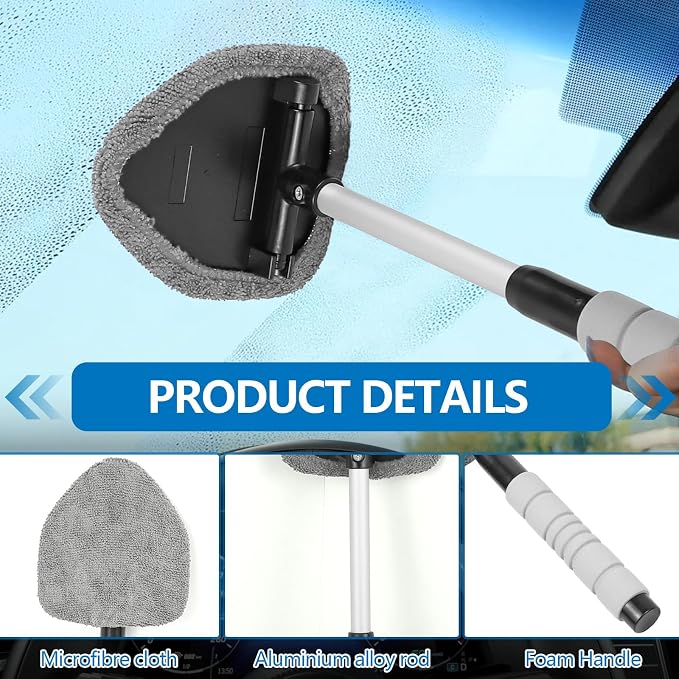 Car Windshield Cleaning Tool, Car Windshield Window Cleaner, Auto Window Glass Cleaning Kit with Extendable Handle & Reusable Microfiber Pad & Spray Bottle, Universal Car Accessories (Gray)