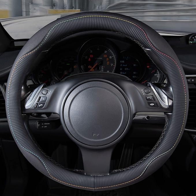 Colour Piping Leather Universal Fit Steering Wheel Cover,Perfectly fit for 14.5-15 inches for Various Vehicles Suvs,Vans,Trucks,Sedans,Cars(Black Multicolor)