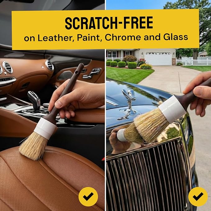 Car Detailing Brush Set 6-Pack, Interior and Exterior, | Scratch-Free Boars Hair - Exterior & Interior Cleaning Brushes - Safe for Leather, Piano Black Trim, Dashboards & Wheels